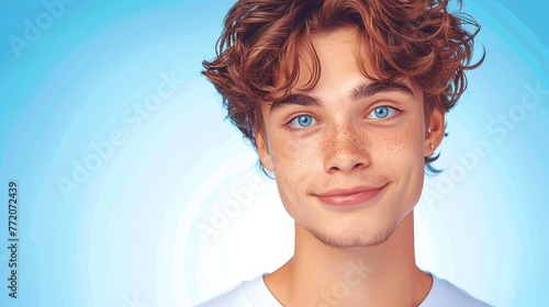   A tight shot of someone wearing a white shirt, their blue eyes gazing intently, and framing a wild, frizzed brown mop of hair with distinctive frizz around photo