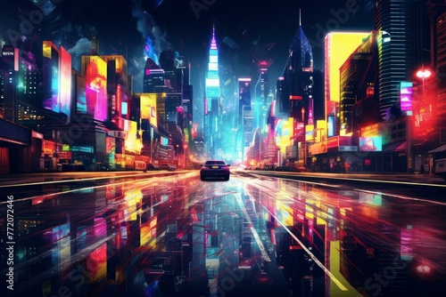 Atmospheric Neon city cyberpunk art. Asia street travel. Generate Ai © juliars