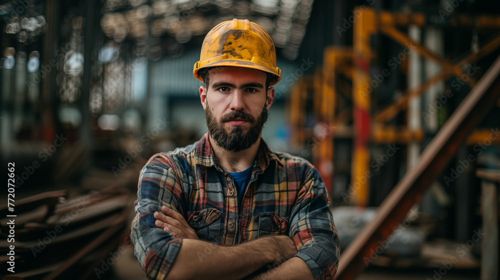 Handsome serious and confident worker with hard hat on a working site, looking at the camera Handsome serious and confident worker with hard hat on a working site, looking at the camera