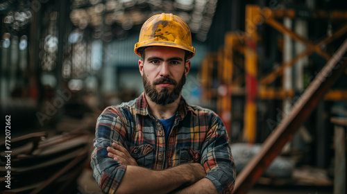 Handsome serious and confident worker with hard hat on a working site, looking at the camera 