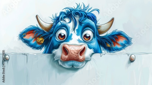  A tight shot of a cow's face emerging from behind a board with a hole, white in color
