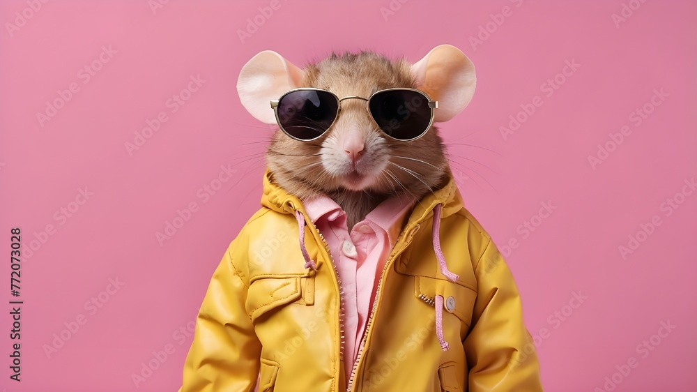 mouse on a pink backdrop with a yellow jacket and sunglasses
