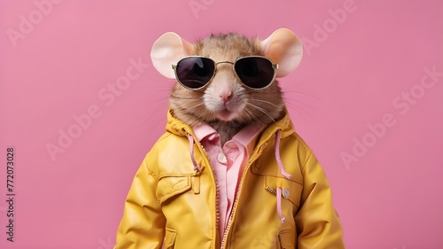 mouse on a pink backdrop with a yellow jacket and sunglasses © Ashan