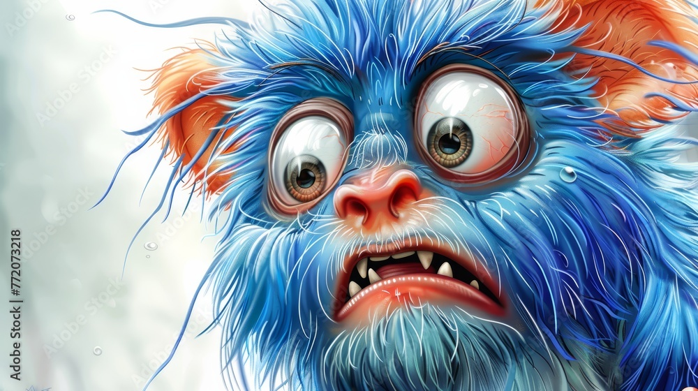A tight shot of a blue-orange furred creature with oversized eyes and a smiling mouth teeming with teeth A tight shot of a blue-orange furred creature with oversized eyes and a smiling mouth teeming with teeth