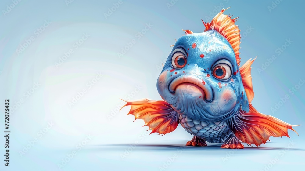   A blue-orange fish atop a light-blue surface Nearby, a light-blue wall and backdrop