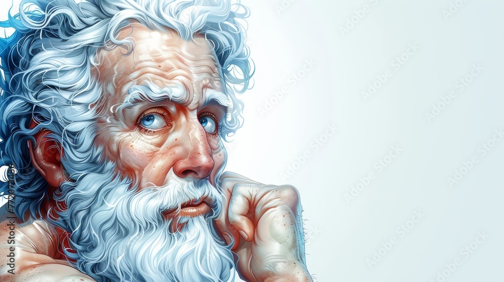 A painting of a man with white hair and a blue-eyed gaze, framed by a thick white beard A painting of a man with white hair and a blue-eyed gaze, framed by a thick white beard