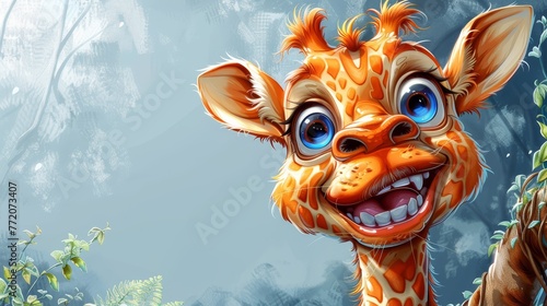  A tight shot of a grinning giraffe amidst tree-filled backdrop