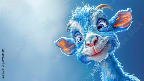  A goat with blue hair and orange ears, closely framed against a blue background Blue sky visible in the backdrop