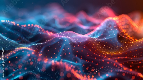 A colorful, abstract image of a wave with red, blue, and orange dots. Concept of movement and energy, as if the wave is constantly changing and evolving. The use of bright colors
