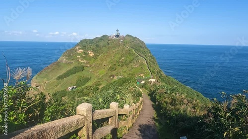 Landscape of Bitoujiao Trail is Scenic walking route along ocean cliffs, featuring a lighthouse, stairs and  lookout pavilions in Bitou Rd  Ruifang District New Taipei City Taiwan - Travel Outdoor   photo