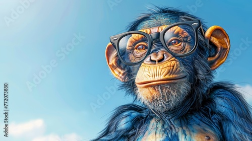   A monkey wearing glasses, face forward, against a backdrop of moving clouds and an expansive sky © Jevjenijs
