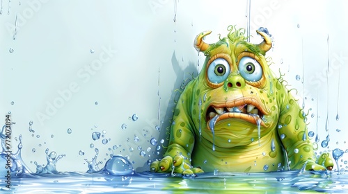   A green monster, large-eyed, stands in a pool, water splashing on its face photo