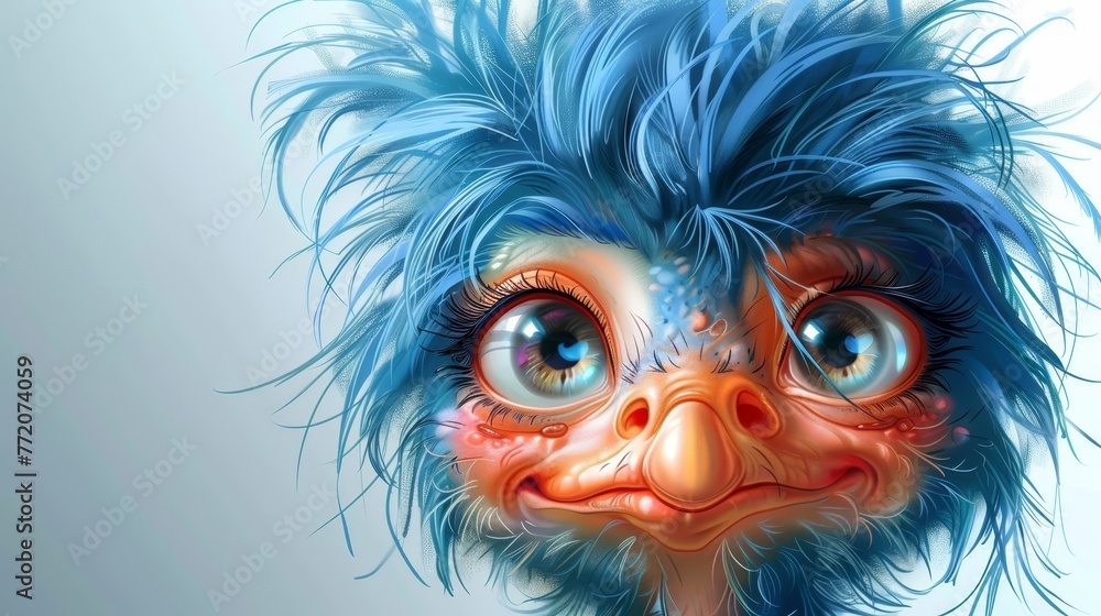 A close-up of an ostrich's head with large blue eyes and vibrant feathers in shades of blue and orange A close-up of an ostrich's head with large blue eyes and vibrant feathers in shades of blue and orange