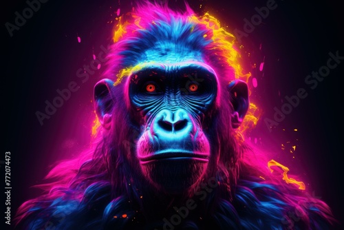 Eye-catching Neon monkey portrait. Cool face. Generate Ai