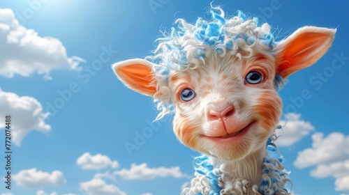  A tight shot of a sheep adorned with a blue-and-white scarf, set against a backdrop of a clear blue sky speckled with fluffy clouds