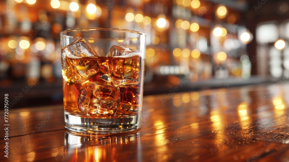 A near view of a glass filled with alcohol on a table, surrounded by softly blurred lights in the background A near view of a glass filled with alcohol on a table, surrounded by softly blurred lights in the background