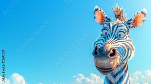   A tight shot of a zebra s face against a backdrop of a blue sky  dotted with clouds in the foreground
