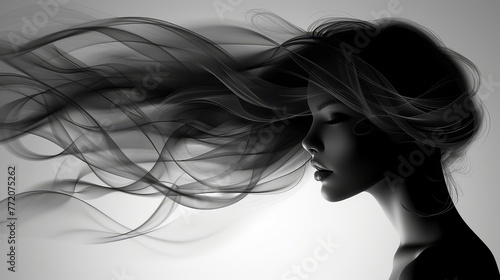  A monochrome image of a woman's profile, hair billowing in the wind against a gray backdrop