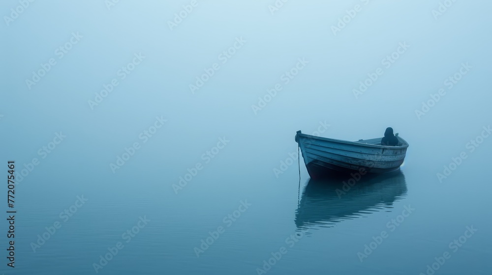   A small boat floats atop a fog-covered body of water, its bow housing a solitary figure