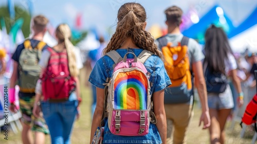  A group of people walk through a field, each carrying a backpack One person's backpack is adorned with a rainbow painting