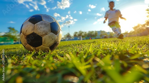  A man kicks a soccer ball on a verdant field under a sun-kissed blue sky