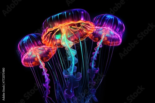 Luminescent Neon jellyfish dark water. Summer light. Generate Ai