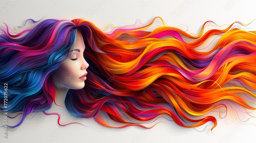   A painting of a woman's head featuring multicolored hair cascading from top to bottom