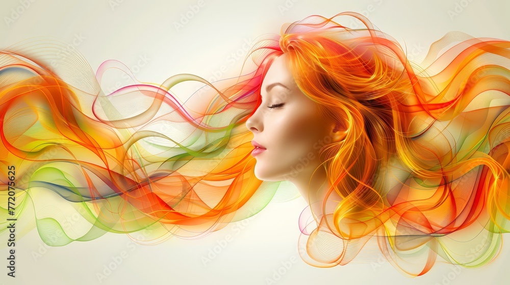   A woman with closed eyes and hair streaming in the wind, enveloped by colored smoke emanating from her face
