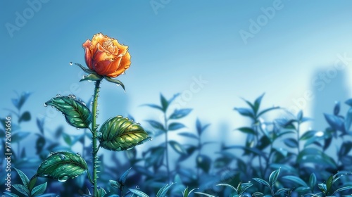  An orange rose atop a blue field of flowers, city skyline behind