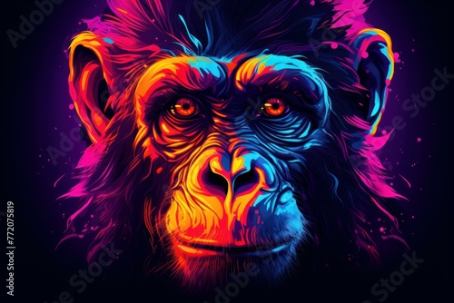 Fluorescent Neon monkey sad. Color character. Generate Ai