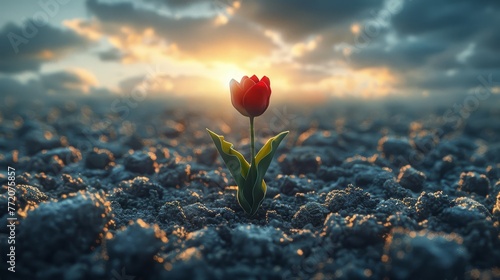   A solitary red tulip blooms in the field, framed by the backdrop of the sun-kissed sky