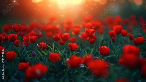   A field filled with red tulips Sun shines through the background trees