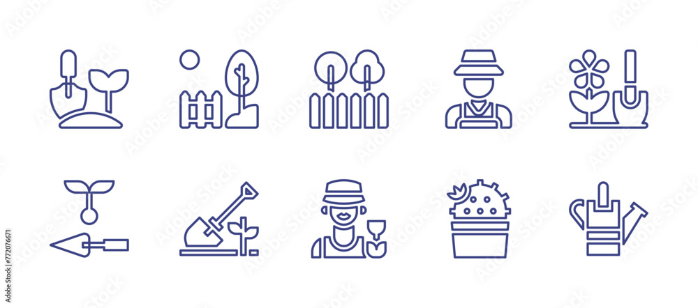 Gardening line icon set. Editable stroke. Vector illustration. Containing planting, farmer, gardening, cactus, garden, gardener, shovel.