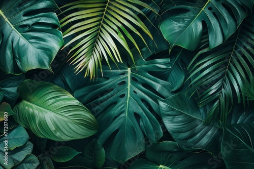 closeup nature view of green leaf and palms background. Flat lay, dark nature concept, tropical leaf - generative ai photo