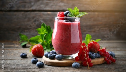 Woodland Symphony Fresh Cold Smoothie with Berries on Wooden Background