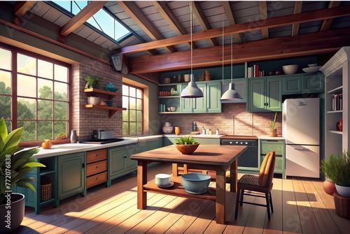 Interior of a spacious loft-style kitchen with green cabinets and a ceiling with wooden beams. Illuminated by natural light from large windows. Kitchen interior design.