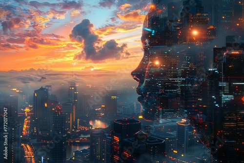 futuristic metropolis where technology has advanced to the point where consciousness can be digitized and uploaded into virtual realms, blurring the boundaries between the physical and digital worlds photo