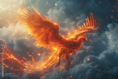A majestic phoenix soaring through the skies, its fiery plumage leaving trails of shimmering embers as it dances among the clouds, embodying the eternal cycle of rebirth and transformation