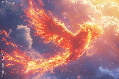 A majestic phoenix soaring through the skies, its fiery plumage leaving trails of shimmering embers as it dances among the clouds, embodying the eternal cycle of rebirth and transformation photo