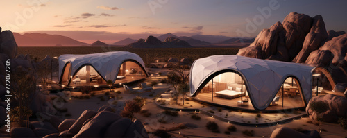 Futuristic glamping tents with bis glass windows in rocky desert or mountains photo