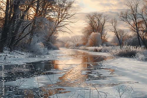 : A frozen river, with trees and a peaceful winter landscape © crescent