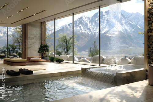 Cascading Serenity: Indoor Water Feature with Mountain Backdrop © Thien Vu