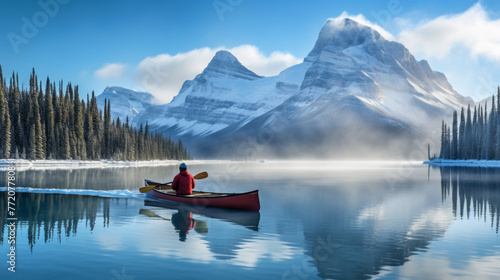 A man in a red canoe is paddling down a river in front of a mountain range
