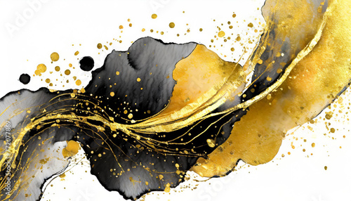 Black and gold ink blot. Isolated on white background; abstract macro; computer painting