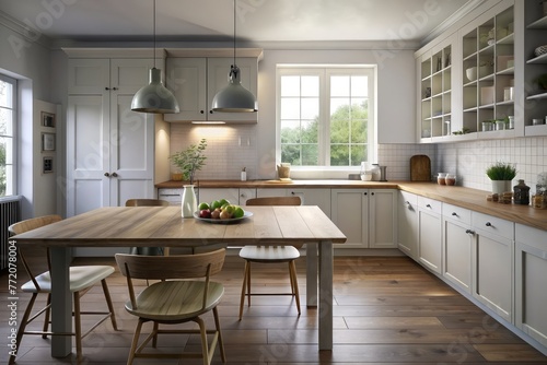 The interior is a modern and cozy kitchen with natural light. Light kitchen cabinets  a wooden dining table with chairs and stylish pendant lights.