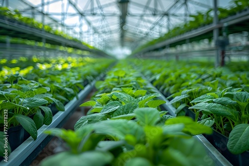 Leafy vegetables growing in hydroponic greenhouse, Vertical farming is sustainable agriculture for future food.