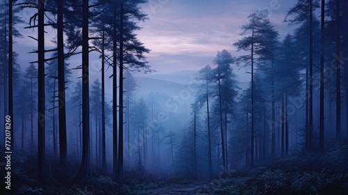 At twilight, the foggy pine forests are nature's lullaby, with the sun's serene serenade painting indigo and amethyst shades