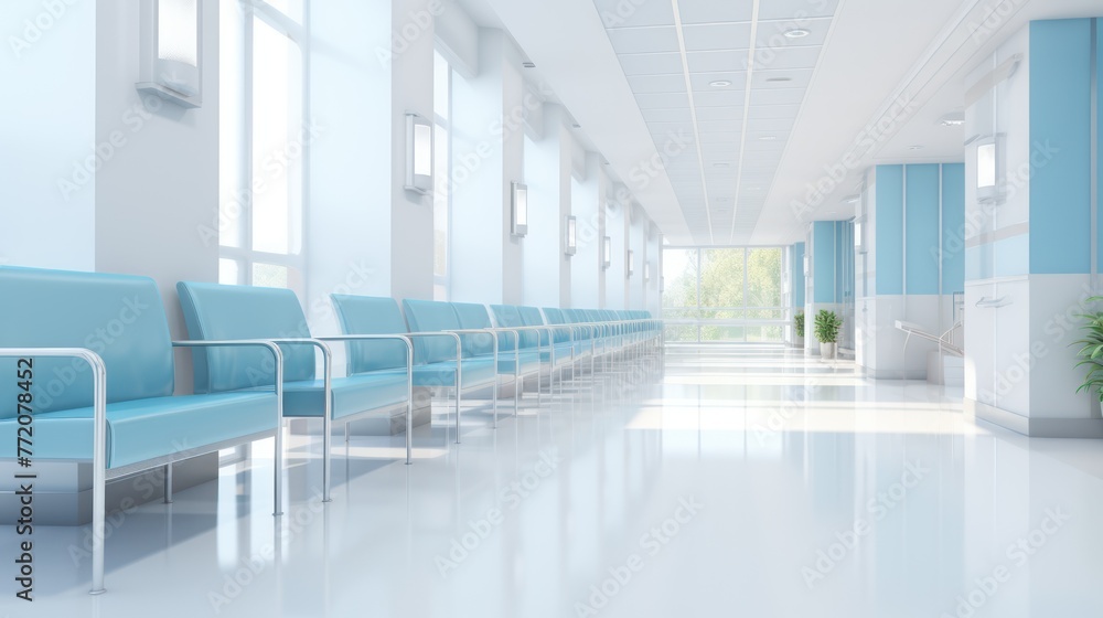 A long, bright hospital corridor with rooms and seating. A long, bright hospital corridor with rooms and seating.