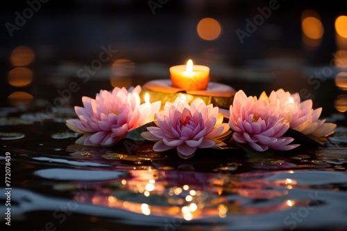 A group of yellow flowers floating on a body of water