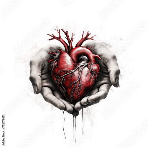 A heart is being held in the arms of a person, with the veins